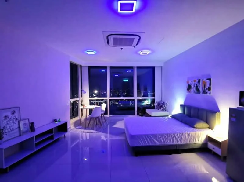 Bedroom features: king-size bed, upholstered headboard, bedside lamps, study desk, floor-to-ceiling windows, city view, recessed LED downlights, white painted walls, glossy tile flooring, air conditioning unit; style: modern; view: city.