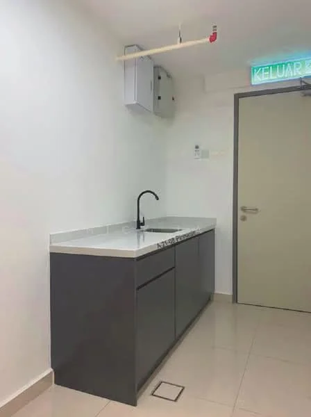 Laundry features: grey cabinetry, white countertop, single-bowl stainless-steel sink, black gooseneck faucet, wall-mounted electrical panel, white painted walls, tile flooring, door leading to hallway; style: modern.