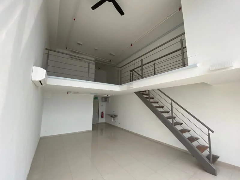 Room features: white painted walls, polished tile flooring, exposed ceiling, metal railing on upper level, staircase with wooden steps, 2 wall-mounted split AC units, ceiling fan, large open space; style: modern.