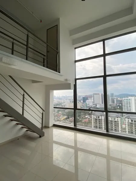 Room features: large floor-to-ceiling windows, city skyline view, white painted walls, polished tile flooring, metal railing staircase, high ceiling, natural light flooding the space, open layout; style: modern; view: city.