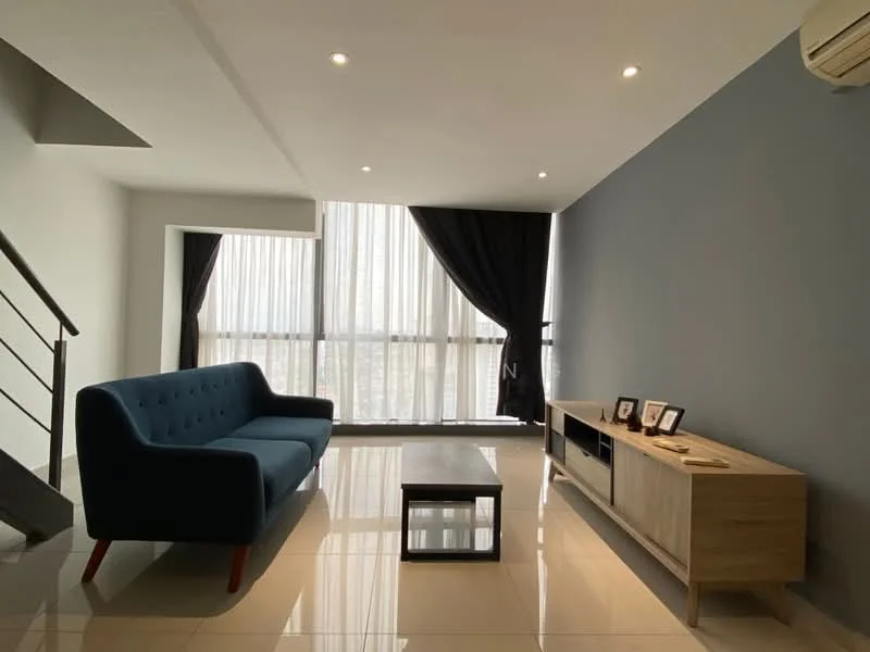 Living features: blue fabric sofa, coffee table with black frame, TV console in light wood, floor-to-ceiling windows, sheer curtains, blackout curtains, recessed downlights, polished tile flooring, air conditioning unit, decorative photo frames; style: modern; view: city.