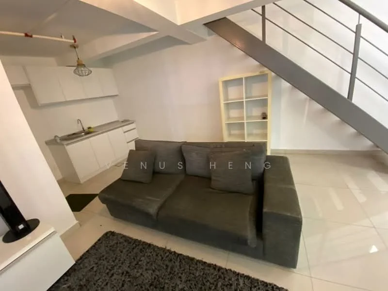 Living features: grey fabric sofa, coffee table, white cabinetry, kitchenette with sink, white tiled flooring, white painted walls, recessed lighting, staircase with metal railing, area rug with dark color; style: modern.