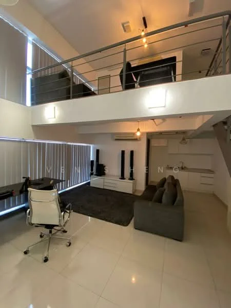 Living features: grey fabric sofa, area rug, white TV console, wall-mounted TV, floor-to-ceiling windows with blinds, recessed downlights, ceiling fan, glass railing, open-plan layout, polished tile flooring, study desk with chair, air conditioning unit; style: modern.