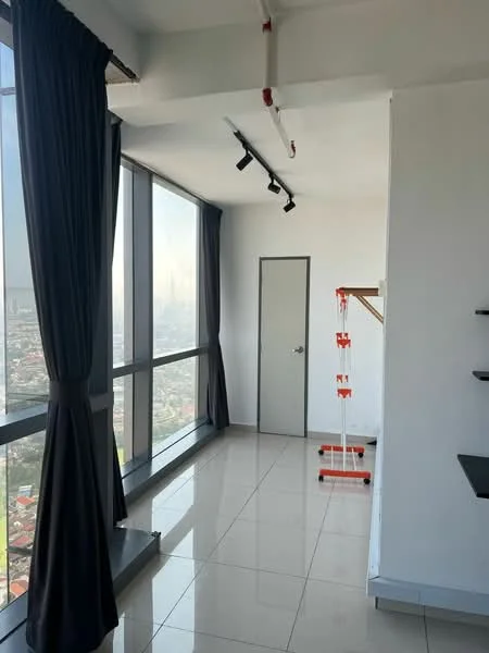 Room features: floor-to-ceiling windows, grey curtains, white painted walls, polished ceramic tile flooring, track lighting, door, shelving unit, city view; style: modern; view: city.