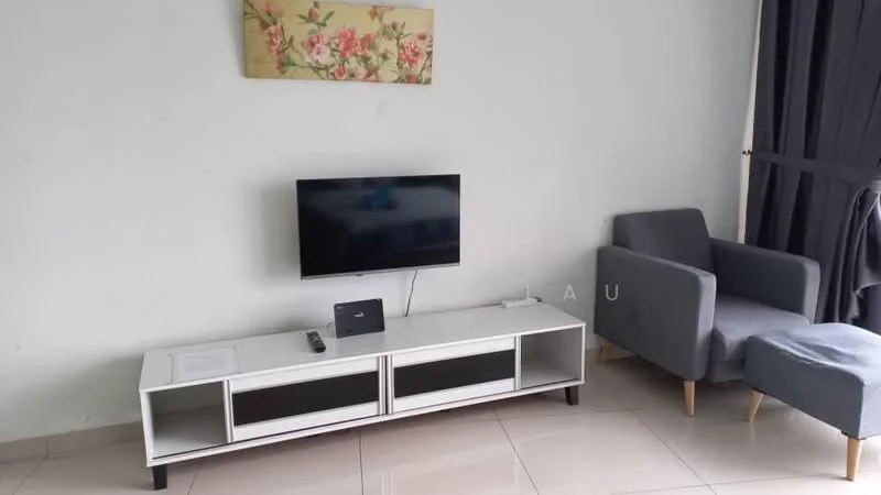 Living features: white TV console with storage, wall-mounted flat-screen TV, grey fabric armchair, cream area rug, large window with black curtains, decorative wall art with floral pattern, light-colored tiled flooring, remote control on console; style: modern.