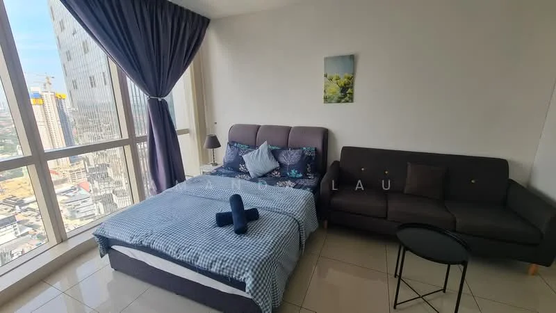 Bedroom features: king-size bed with upholstered headboard, blue checkered bedding, decorative pillows, grey fabric sofa, small round side table, floor-to-ceiling windows, curtains in dark purple, tile flooring, city view from window, wall-mounted artwork; style: modern; view: city.