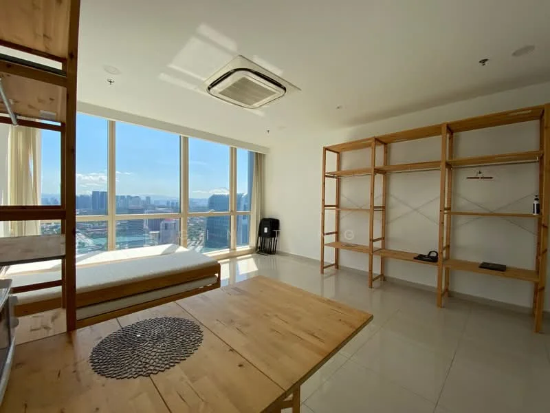 Living features: floor-to-ceiling windows, city skyline view, light-colored walls, white ceiling, recessed downlights, wooden shelving unit, wooden dining table, ceramic tile flooring, air conditioning unit, minimalist decor; style: modern; view: city.