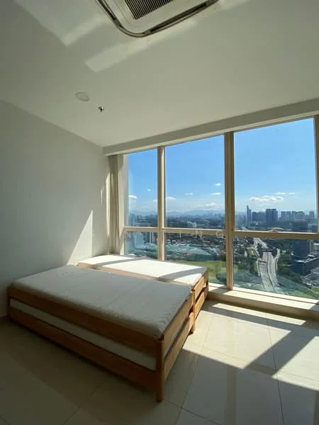 Bedroom features: floor-to-ceiling windows, city view, two single beds with wooden frames, white walls, tile flooring, air conditioning unit, natural light, minimalist decor; style: modern; view: city.