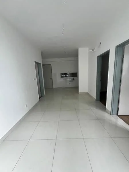 Room features: white painted walls, glossy white tile flooring, recessed ceiling lights, open layout, multiple doorways, large windows, neutral color scheme; style: modern.