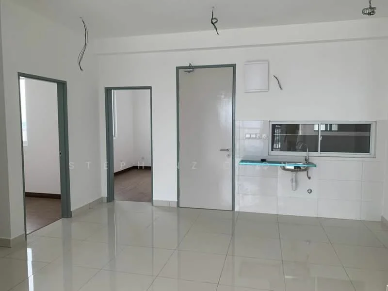 Room features: white painted walls, glossy tile flooring, single-bowl stainless-steel sink, kitchen countertop, window with glass panes, door leading to another room, door leading to hallway, ceiling with exposed wiring; style: modern.