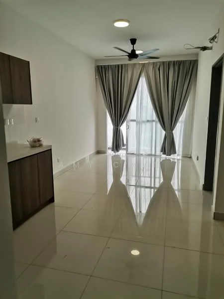Living features: white painted walls, glossy porcelain tile flooring, 5-blade ceiling fan with light, floor-to-ceiling windows, sheer curtains, grey curtains, kitchenette with dark wood cabinetry, countertop with light surface; style: modern.