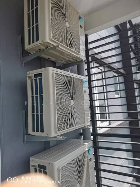 Exterior features: 3 wall-mounted split AC units, metal brackets for mounting, grey wall surface, horizontal metal bars for security.