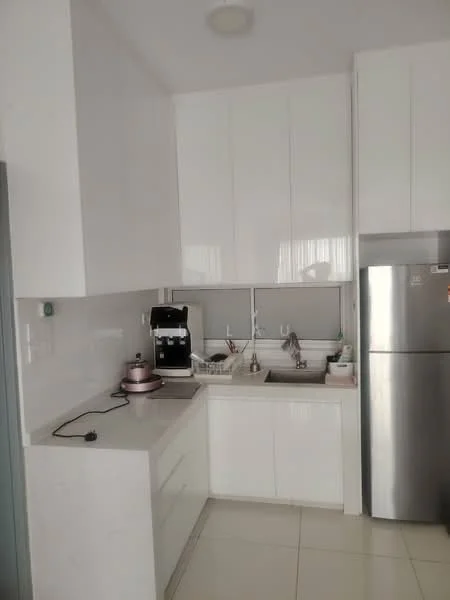 Kitchen features: white glossy cabinetry, single-bowl stainless-steel sink, chrome pull-down faucet, built-in oven, stainless-steel fridge, white countertop, ceramic tile flooring, recessed downlights, coffee machine, kitchen appliances, wall-mounted cabinet, open shelving; style: modern.