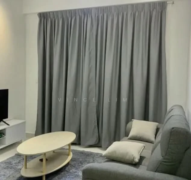 Living features: grey fabric sofa, coffee table with round top, floor-mounted TV console, large grey curtains, light-colored walls, neutral flooring, decorative cushions, wall-mounted TV; style: modern.