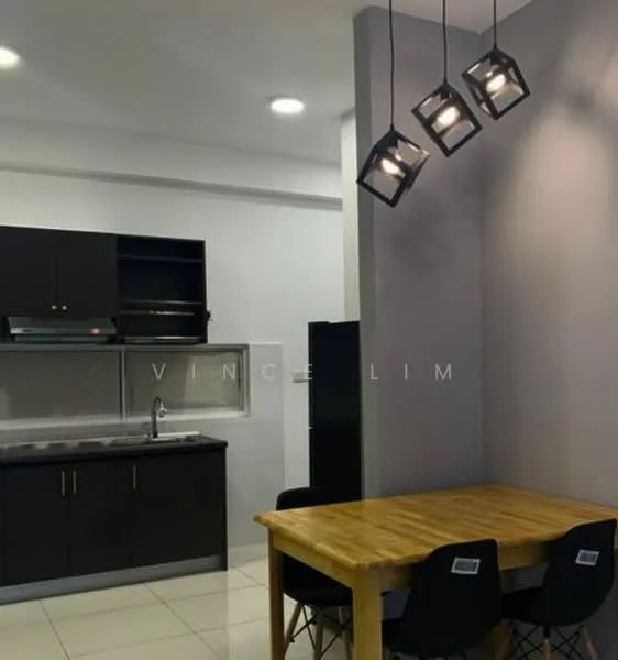 Kitchen features: black cabinetry, stainless-steel sink, chrome pull-down faucet, ceramic tile backsplash, built-in stove, refrigerator, pendant lighting with three fixtures, white walls, white tiled flooring, dining table with wooden surface, black dining chairs; style: modern.