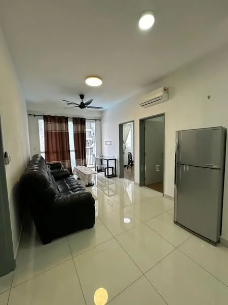 Living features: black leather sectional sofa, white tiled flooring, ceiling fan with light, wall-mounted split AC, large windows with sheer curtains, dining table with chairs, refrigerator, light fixture on ceiling; style: modern.