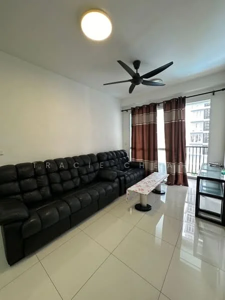 Living features: black leather sectional sofa, white coffee table, black side table, floor-to-ceiling windows, sheer curtains, dark brown blackout curtains, white painted walls, glossy tile flooring, ceiling fan with light; style: modern.