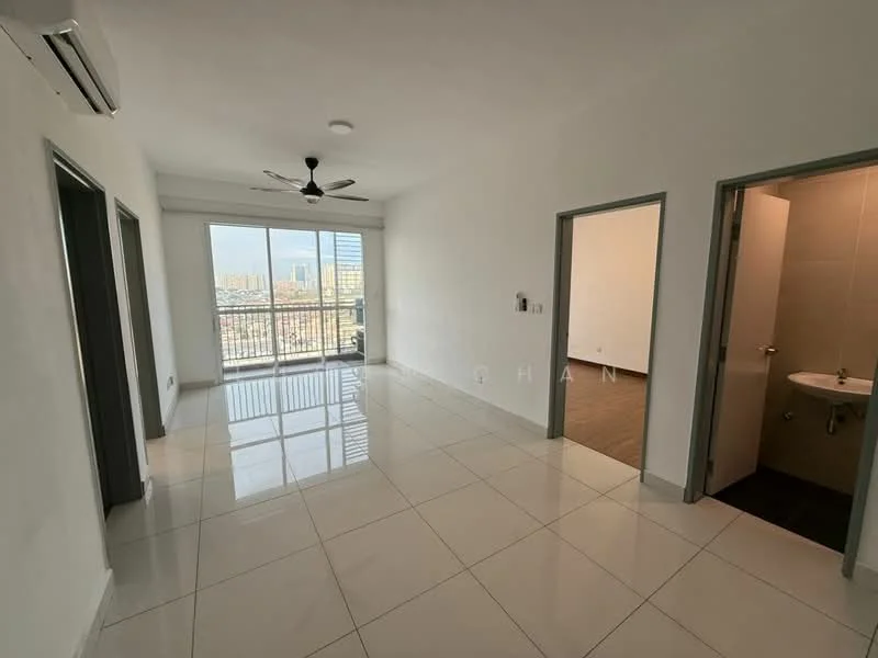 Living features: white painted walls, glossy tile flooring, 5-blade ceiling fan, floor-to-ceiling windows, sliding glass door, balcony access, air conditioning unit, neutral color scheme; style: modern; view: city. Bathroom features: white tiled walls, ceramic tile flooring, single-sink vanity, chrome basin mixer, toilet, mirror, light fixture; style: modern.