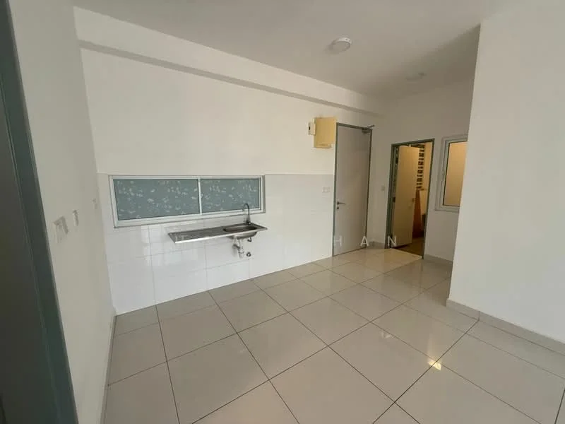 Room features: white painted walls, glossy ceramic tile flooring, single-bowl stainless-steel sink, wall-mounted faucet, window with frosted glass, door leading to another room, door leading outside, light fixture on ceiling; style: modern.