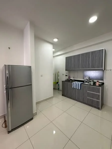 Kitchen features: stainless-steel fridge, grey cabinetry with wood grain finish, black countertop, single-bowl stainless-steel sink, chrome pull-down faucet, built-in stove, wall-mounted cabinets, white tiled backsplash, white walls, recessed downlights, ceramic tile flooring; style: modern.