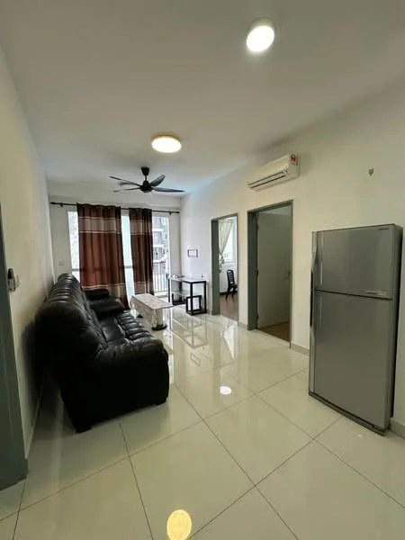 Living features: black leather sectional sofa, white coffee table, floor-to-ceiling windows, curtains in brown, 5-blade ceiling fan with light, wall-mounted split AC, glossy white tile flooring, neutral painted walls, doorway leading to other rooms; style: modern.