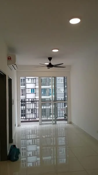 Living features: white painted walls, glossy tile flooring, 5-blade ceiling fan with light, recessed LED downlights, floor-to-ceiling sliding glass door, balcony access, air conditioning unit, neutral decor; style: modern; view: city.