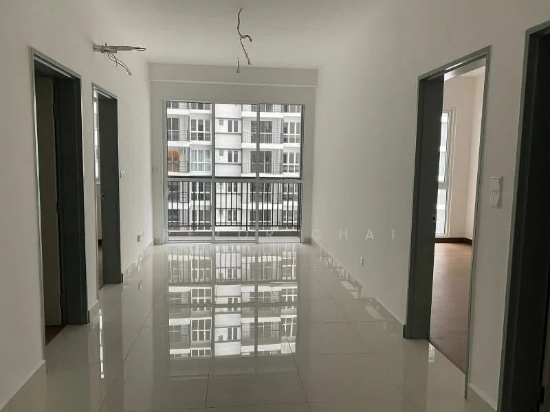Room features: white painted walls, glossy tile flooring, recessed downlights, sliding glass door to balcony, floor-to-ceiling windows, grey door frames, open layout, natural light from windows; style: modern; view: city.