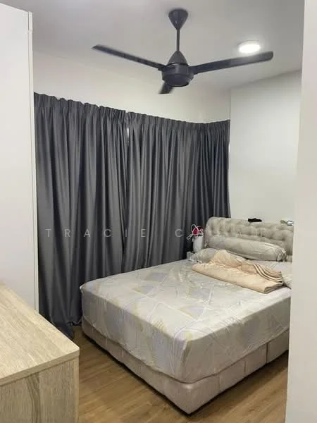 Bedroom features: queen-size bed, upholstered headboard, bedside lamps, grey curtains, wooden flooring, ceiling fan, decorative pillows, nightstand, dressing table, wall-mounted light, neutral wall color; style: modern.