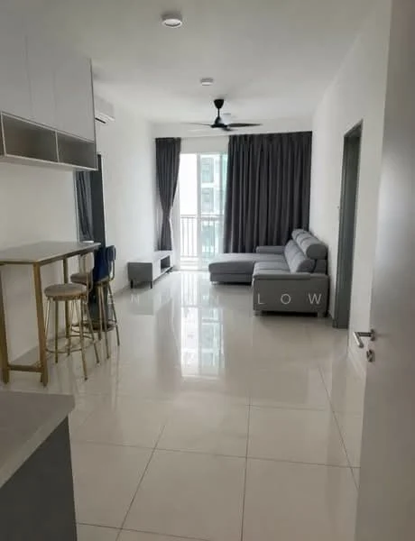 Living features: grey L-shape sectional sofa, white wall-mounted TV console, floor-to-ceiling windows, sliding glass door, grey curtains, white painted walls, polished ceramic tile flooring, 5-blade ceiling fan with light, bar counter with three stools, open layout, natural light from balcony; style: modern; view: city.