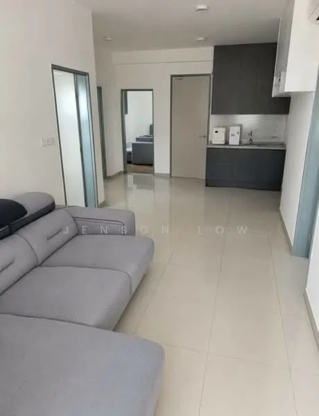 Living features: grey fabric sectional sofa, light-colored tiled flooring, white painted walls, recessed ceiling lights, open layout, wall-mounted kitchen cabinets, countertop with sink, kitchen appliances visible, doorway leading to other rooms, large windows for natural light; style: modern. Kitchen features: wall-mounted cabinets, countertop with sink, kitchen appliances visible; style: modern. Room features: doorway leading to bedroom, doorway leading to bathroom.