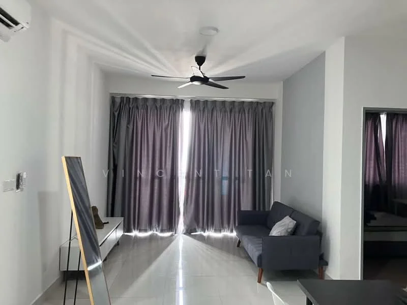 Living features: grey fabric sofa, floor-to-ceiling windows, sheer curtains, blackout curtains, 5-blade ceiling fan with light, white painted walls, glossy tile flooring, TV console, decorative mirror, wall-mounted artwork; style: modern.