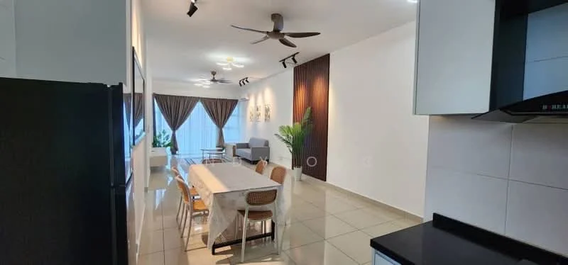 Dining features: white walls, grey tiled flooring, 5-blade ceiling fan with light, 6-seater dining table, wooden dining chairs, pendant lighting, floor-to-ceiling windows, sheer curtains, decorative wall art, potted plant, open layout to living area; style: modern; view: garden. Living features: grey tiled flooring, 5-blade ceiling fan with light, sofa, coffee table, decorative wall art, floor-to-ceiling windows, sheer curtains, open layout to dining area; style: modern; view: garden.