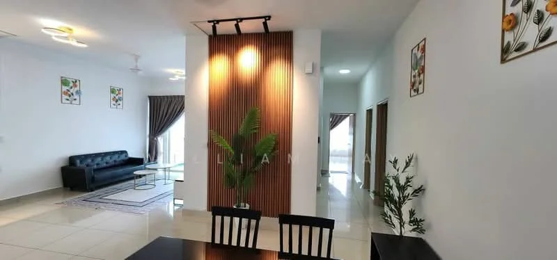 Dining features: dining table with black chairs, white walls, tile flooring, recessed downlights, decorative wall paneling, indoor plants, framed artwork on walls, open layout to living area; style: modern. Living features: black leather sofa, glass coffee table, area rug, floor-to-ceiling windows with curtains, wall-mounted artwork, ceiling fan, light fixtures, open layout to dining area; style: modern. Hallway features: white walls, tile flooring, doorways leading to other rooms, recessed lighting; style: modern.