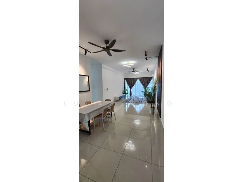Dining features: white walls, polished ceramic tile flooring, 5-blade ceiling fan, recessed LED downlights, dining table with white tablecloth, wooden dining chairs, floor-to-ceiling windows, sheer curtains, green indoor plant, decorative wall art; style: modern; view: garden.