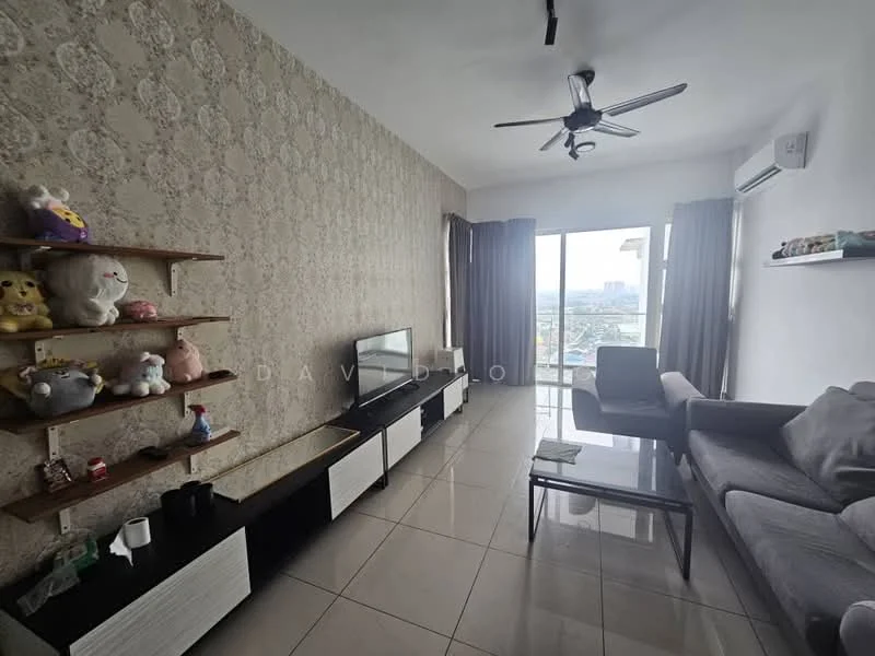 Living features: grey fabric sofa, black coffee table, wall-mounted TV, white TV console, floating wooden shelves, decorative plush toys on shelves, floor-to-ceiling windows, curtains, ceiling fan with light, air conditioning unit, glossy tile flooring, textured wallpaper in light color; style: modern; view: city.