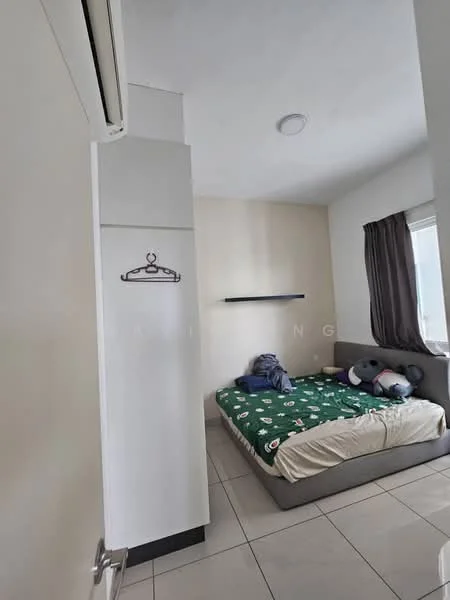 Bedroom features: single bed with green bedding, grey upholstered bed frame, wall-mounted shelf, floor-to-ceiling window with sheer curtains, light-colored walls, tile flooring, air conditioning unit, decorative wall hanger; style: modern.