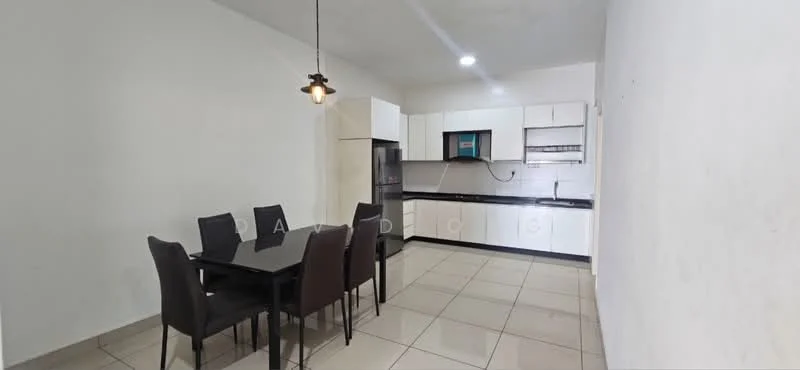 Kitchen features: black granite countertop, white cabinetry, stainless-steel refrigerator, built-in kitchen sink, single-bowl stainless-steel sink, black ceramic tile flooring, wall-mounted kitchen hood, open shelving, dining table with black glass top, 4 black upholstered dining chairs, recessed ceiling lights, white painted walls; style: modern.