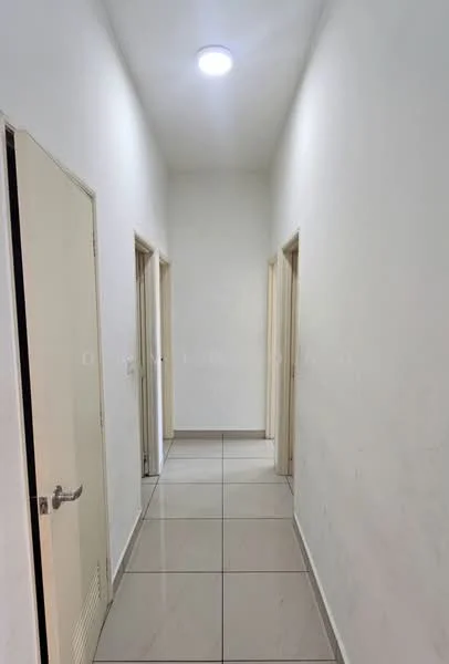 Hallway features: white painted walls, tile flooring, recessed ceiling light, four doorways, neutral color scheme, straight corridor layout; style: modern.
