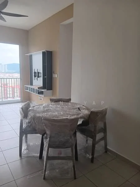 Dining features: round dining table, 4 dining chairs, tile flooring, light-colored walls, wall-mounted TV console, floor-to-ceiling windows, city view, plastic covering on furniture; style: modern; view: city.