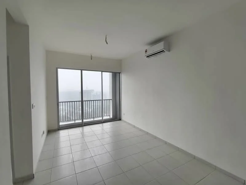 Living features: white painted walls, tile flooring, floor-to-ceiling windows, sliding glass door, 1 wall-mounted split AC, balcony access, neutral color scheme, no visible furniture; style: modern; view: city.