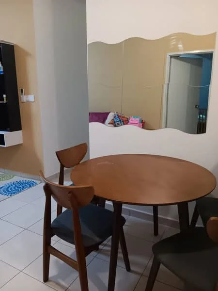 Dining features: round wooden dining table, 4 wooden dining chairs, mirror on wall, cream painted walls, white tiled flooring; style: modern.