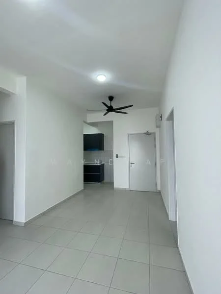 Room features: white painted walls, grey tiled flooring, ceiling fan, recessed ceiling lights, open layout, doorway leading to kitchen, doorway leading to other rooms; style: modern.