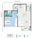 Floor plan: 1-bedroom 1-bathroom unit; features: open-plan kitchen-dining-living, master bedroom with ensuite bathroom, balcony off living room, utility room, laundry area, central foyer.