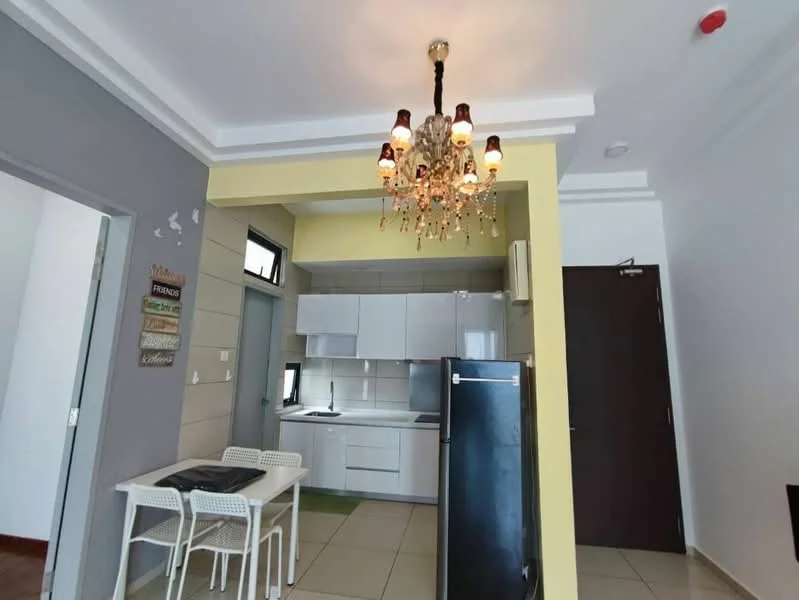 Kitchen features: white cabinetry, black fridge, stainless-steel sink, chrome faucet, ceramic tile flooring, recessed downlights, chandelier, white backsplash, open layout, window above sink, countertop space, two white dining chairs, small dining table; style: modern.