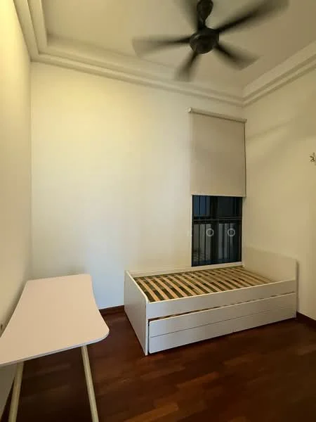 Bedroom features: single bed frame with storage drawers, wooden flooring, white painted walls, ceiling fan, window with blinds, built-in wardrobe, decorative crown moulding, study desk; style: modern.