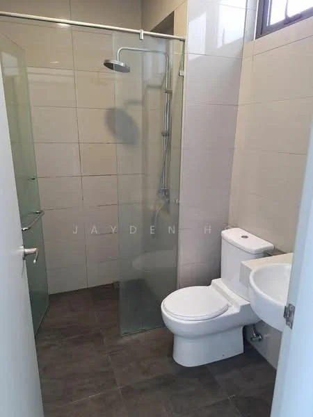 Bathroom features: glass shower enclosure, rain shower head, wall-mounted shower faucet, white toilet, single-sink vanity with round basin, grey tiled walls, dark grey tile flooring, window for natural light; style: modern.
