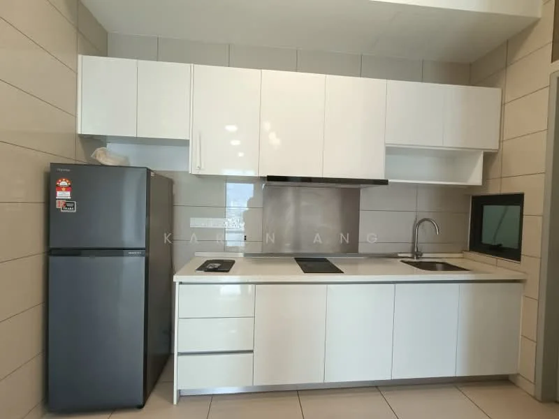 Kitchen features: white flat-panel cabinets, stainless-steel fridge, built-in oven, 4-burner gas hob, stainless-steel sink, chrome pull-down faucet, white quartz countertop, tile backsplash, under-cabinet lighting, floor-to-ceiling window, neutral tile flooring, recessed downlights; style: modern.