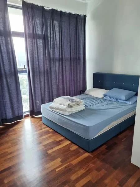 Bedroom features: queen-size bed, blue upholstered bed frame, light blue bedsheet, white pillows, wooden flooring, floor-to-ceiling windows, dark blue curtains, city view; style: modern; view: city.