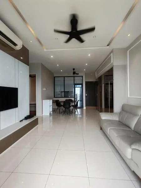 Living features: white painted walls, polished ceramic tile flooring, 5-blade ceiling fan with light, recessed downlights, wall-mounted TV, grey leather sofa, coffee table, open-plan layout, large windows, dining area visible, air conditioning unit; style: modern; view: city.
