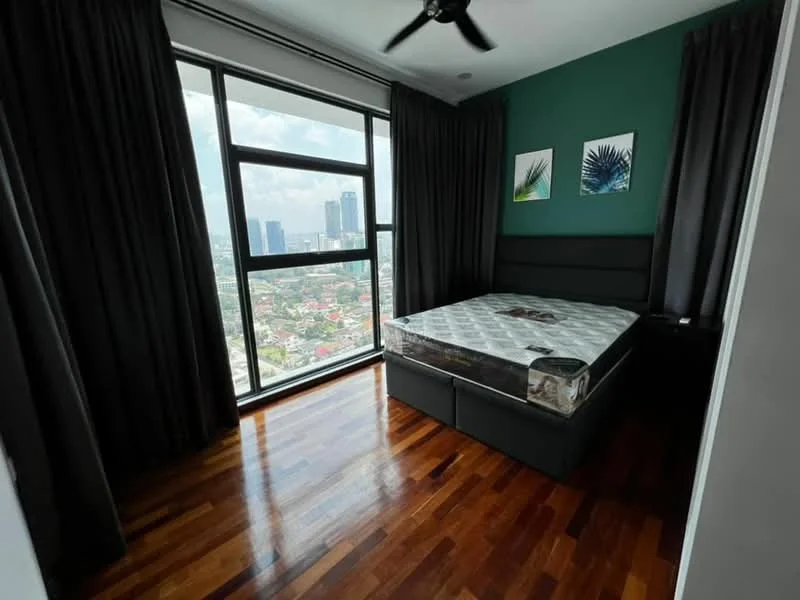 Bedroom features: king-size bed, upholstered headboard, floor-to-ceiling windows, blackout curtains, wooden flooring, ceiling fan, framed artwork, green accent wall; style: modern; view: city.